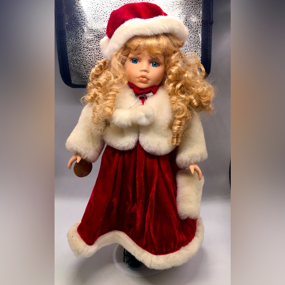 Vintage Collectors Choice Blonde Curly Hair Blue Eyed 18” Red Fur Porcelain Doll